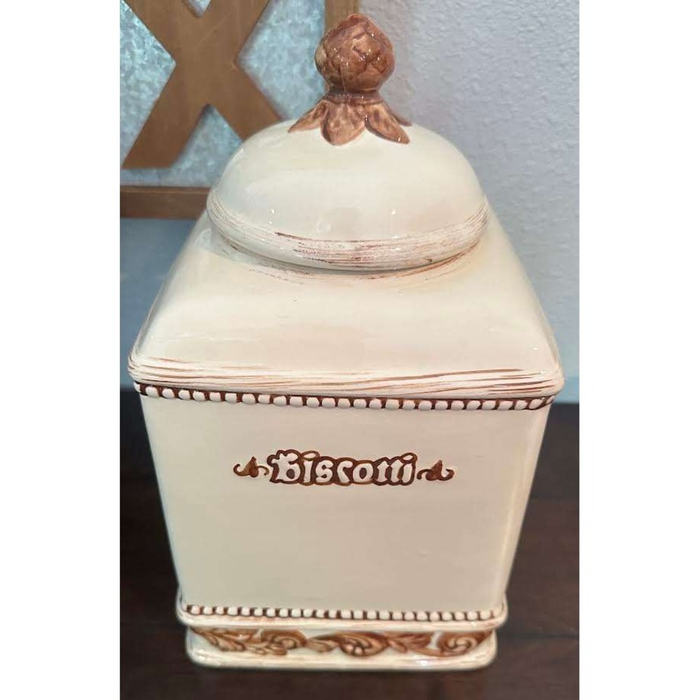 Nonnis Ceramic Biscotti Jar Cream Brown Artichoke Finial Kitchen Canister